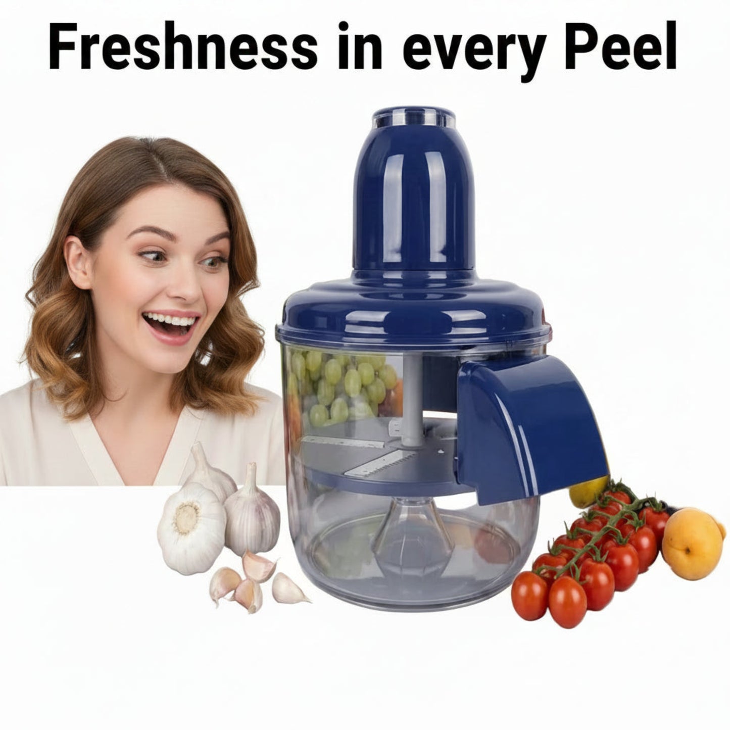 A countertop food chopper with a dark blue plastic body and clear container, surrounded by fresh fruits and vegetables including grapes, apples, oranges, garlic, cherry tomatoes, and a cucumber on a light gray background.