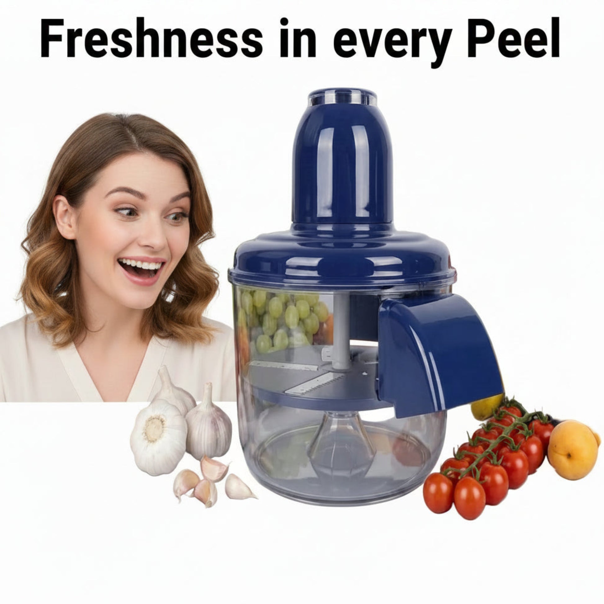 A countertop food chopper with a dark blue plastic body and clear container, surrounded by fresh fruits and vegetables including grapes, apples, oranges, garlic, cherry tomatoes, and a cucumber on a light gray background.