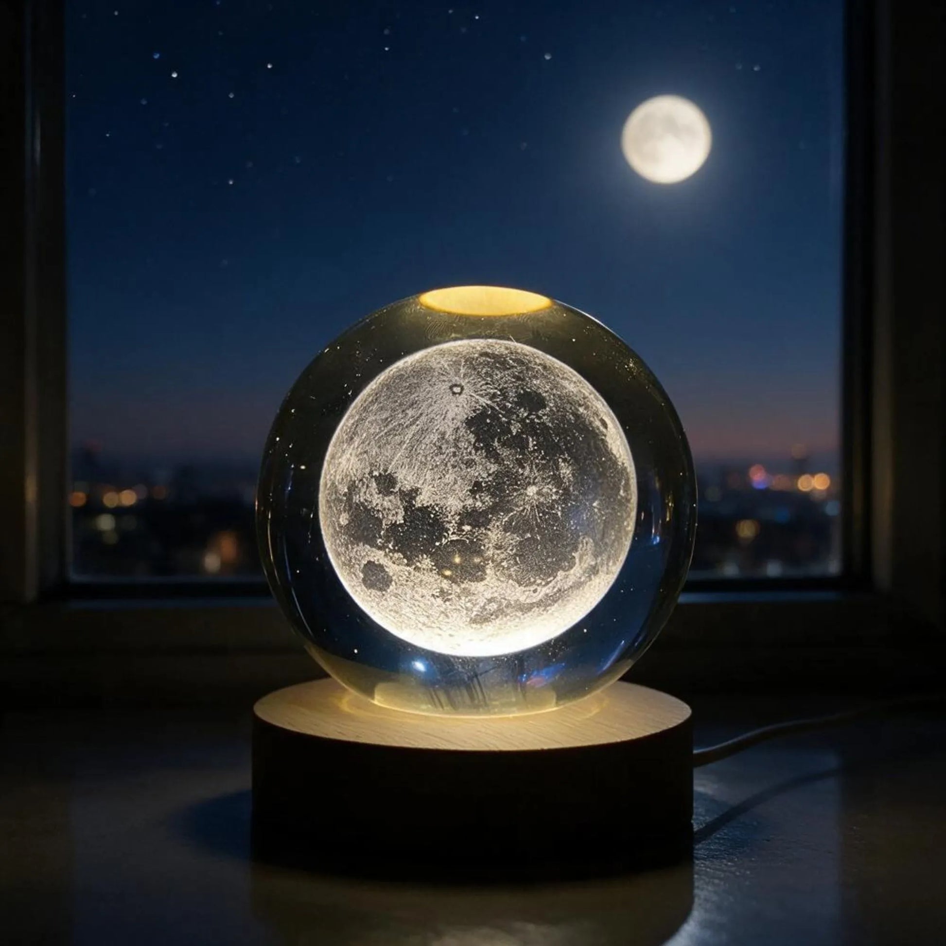 A glowing moon globe night light sits on a wooden base in front of a window showing a starry night sky and full moon.