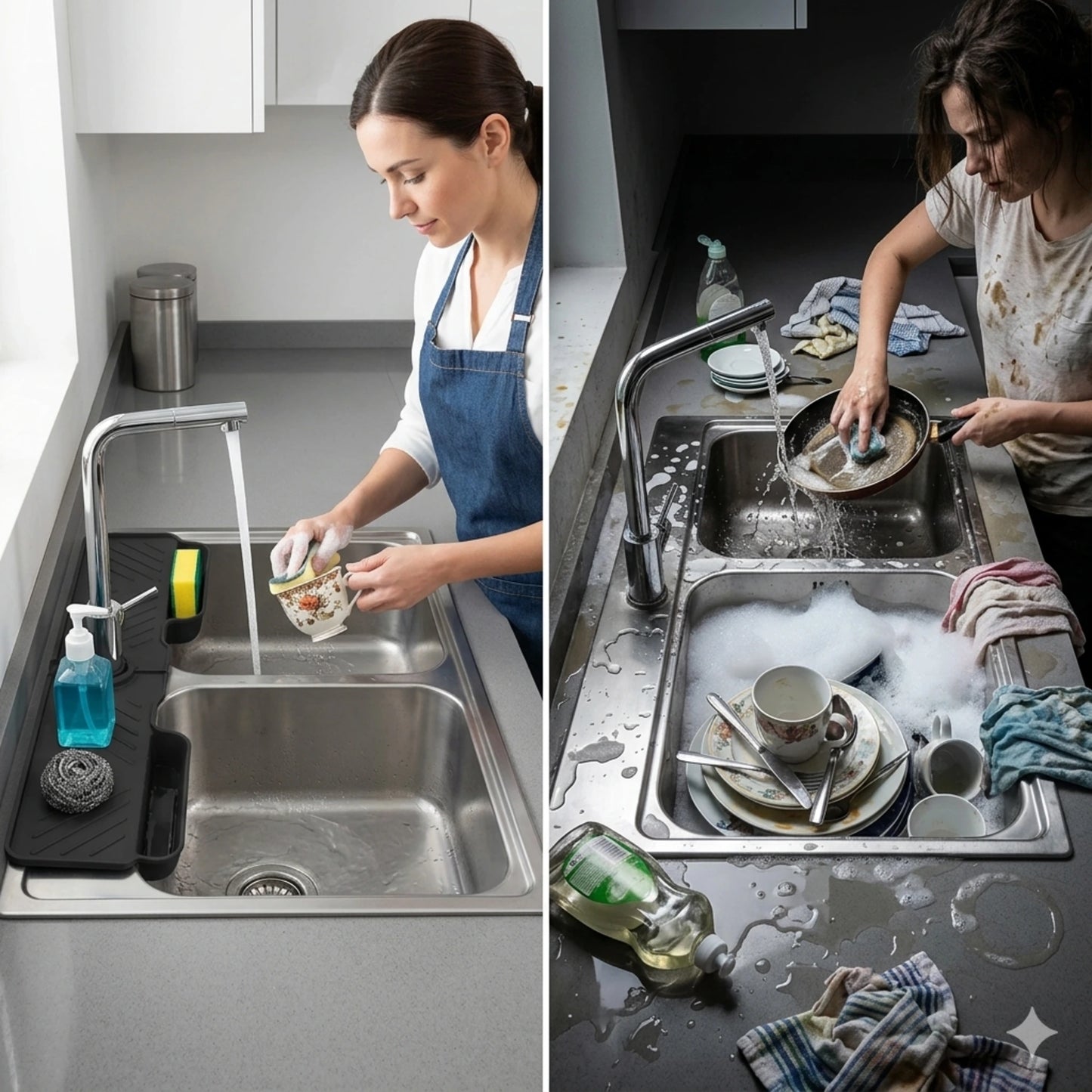 A split-screen comparison showing a kitchen sink before and after using a smart dishwashing accessory. The left side shows a woman in a blue apron washing a glass under running water, with a clean, integrated sink.