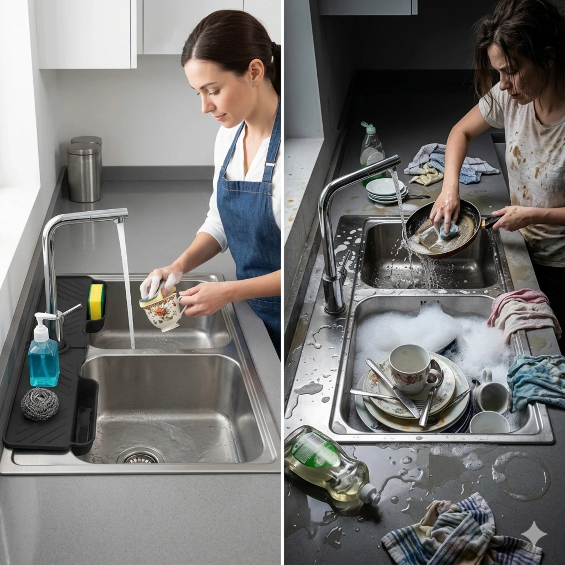 A split-screen comparison showing a kitchen sink before and after using a smart dishwashing accessory. The left side shows a woman in a blue apron washing a glass under running water, with a clean, integrated sink.