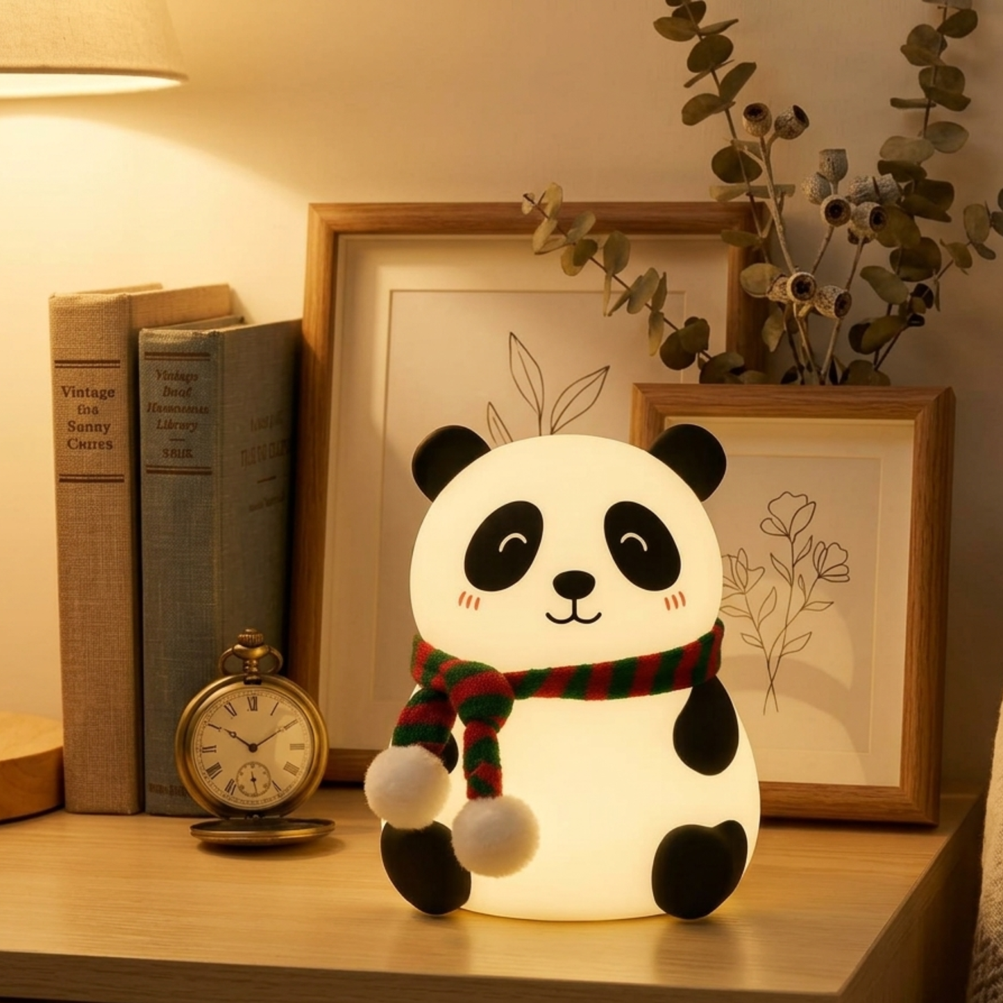 A cute panda-shaped night light glowing on a wooden shelf, styled with books, a pocket watch, framed art, and a plant in a warm, cozy room setting.