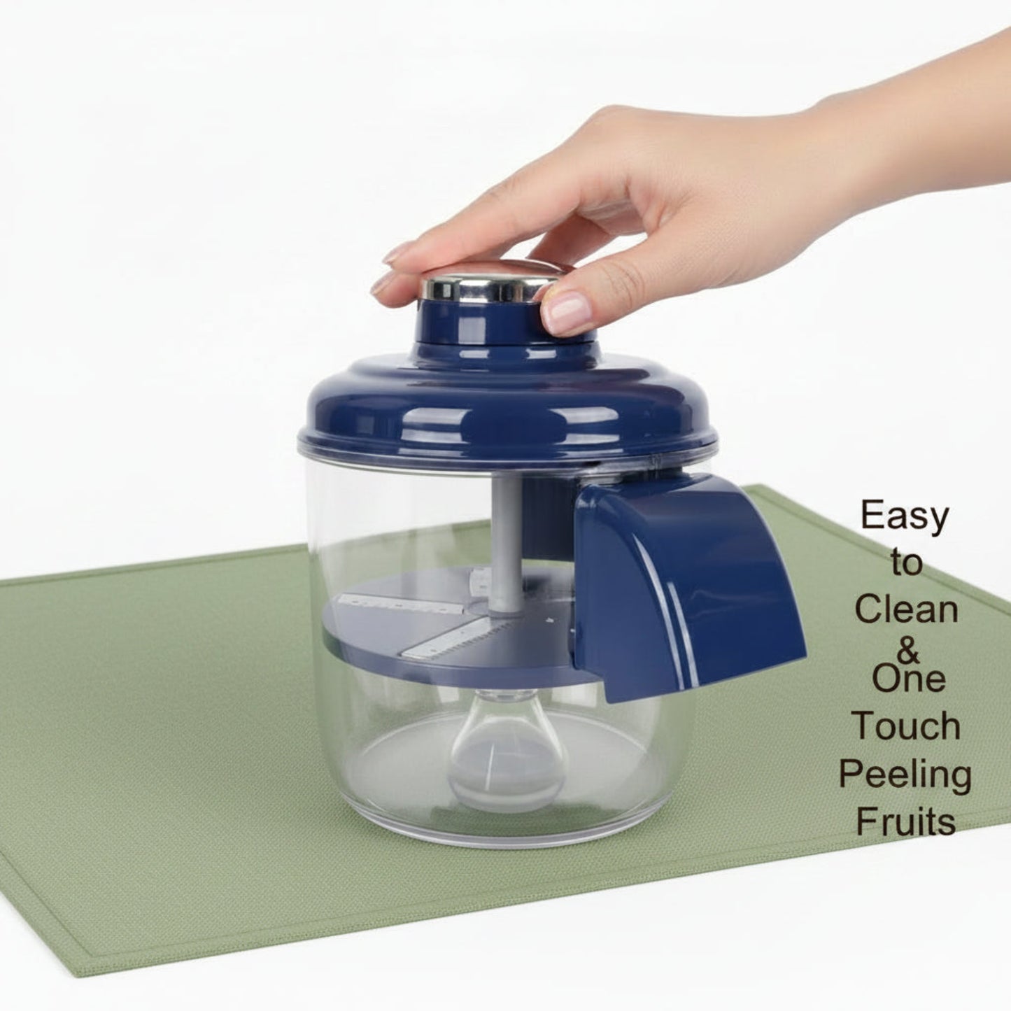 A small food Peeler with a navy blue plastic body and a clear plastic bowl, shown on a white background with the text 'Easy to Clean & One Touch Peeling Fruits' on the right.
