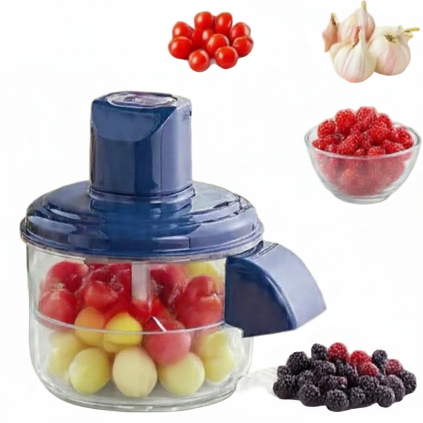 A small countertop food chopper with a dark blue lid and clear bowl filled with mixed fruit and vegetables, shown on a beige background with inset bowls of tomatoes, garlic, raspberries, and berries.