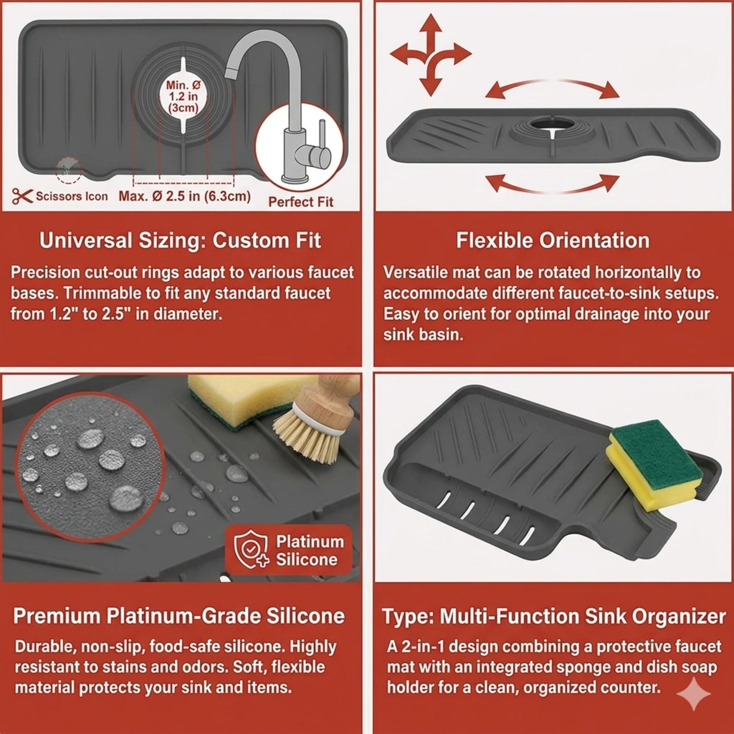 A 4-panel infographic showing a black multi-function sink organizer mat. The panels feature diagrams and text explaining its custom fit, flexible orientation, premium platinum-grade silicone material, and multi-function design with sponge and dish soap holder slots.