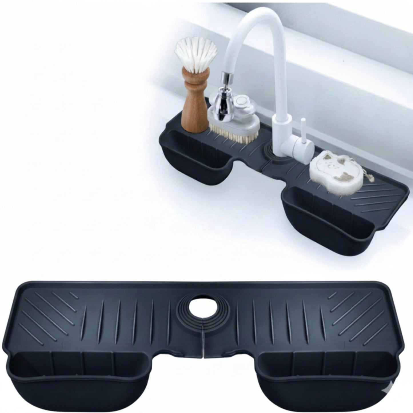 Black silicone kitchen sink drying rack shown both flat and installed under a faucet, with a white curved faucet and small dishwashing accessories above. Text in the upper right reads, "KEEP YOUR KITCHEN DRY AND TIDY.