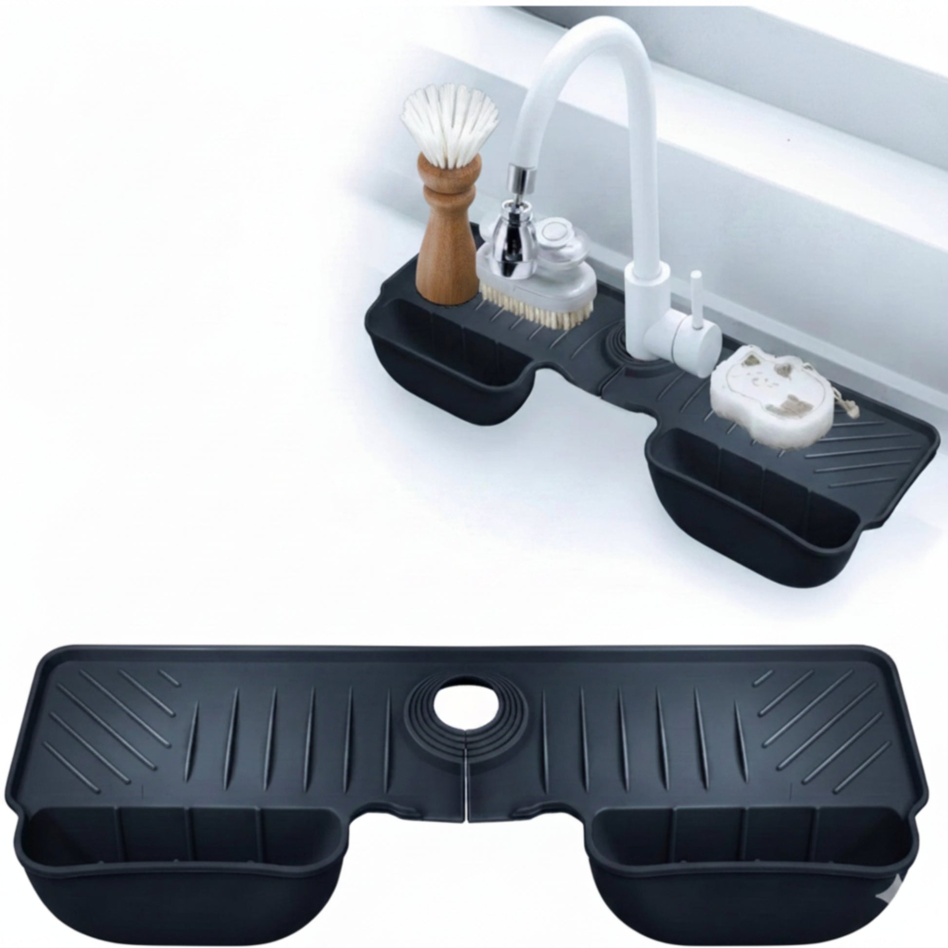 Black silicone kitchen sink drying rack shown both flat and installed under a faucet, with a white curved faucet and small dishwashing accessories above. Text in the upper right reads, "KEEP YOUR KITCHEN DRY AND TIDY.