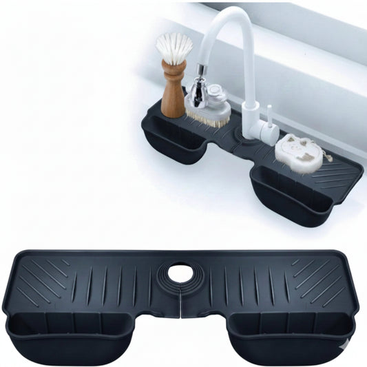 Black silicone kitchen sink drying rack shown both flat and installed under a faucet, with a white curved faucet and small dishwashing accessories above. Text in the upper right reads, "KEEP YOUR KITCHEN DRY AND TIDY.