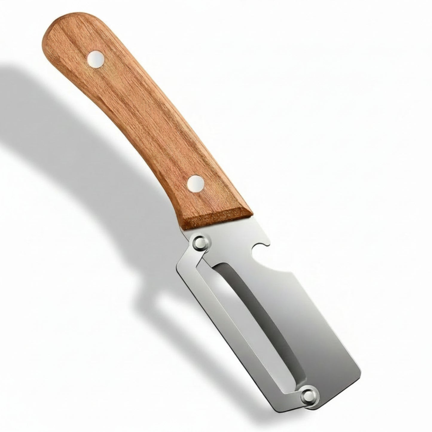 A peeler with a wooden handle and silver metal blade, shown on a wooden surface with a squash and orange peel strips. Text in the top right reads 'Perfect Peel.