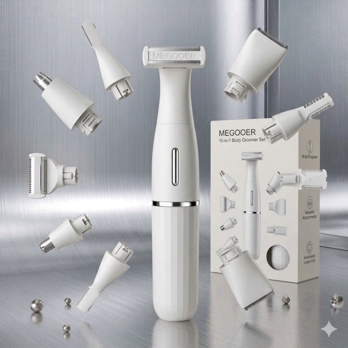 White MEGOOER 10-in-1 body groomer set with multiple attachments shown floating around the main device and its retail box on a metallic gray background.