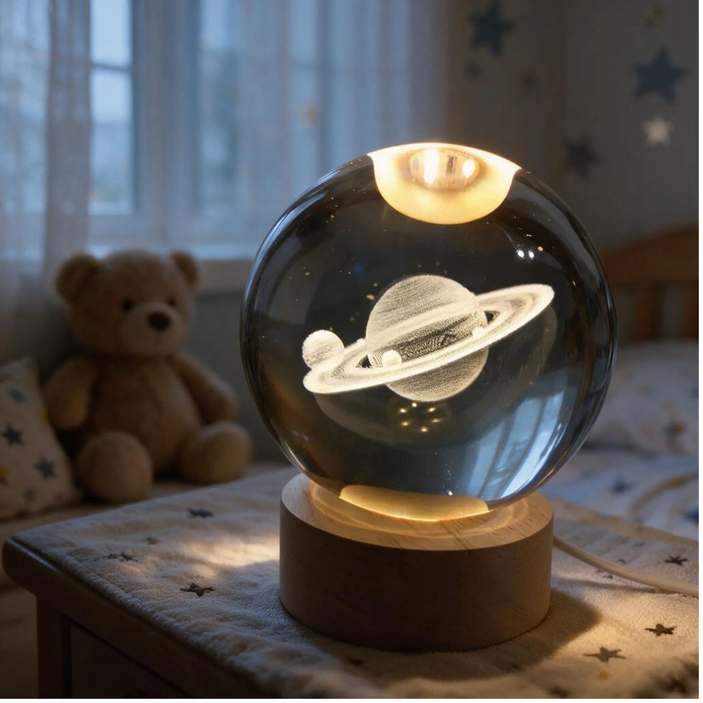 A glowing spherical night light shaped like a Saturn-like planet inside a clear glass orb, mounted on a round wooden base and placed on a bed in a child's bedroom. A teddy bear sits in the background near a window.