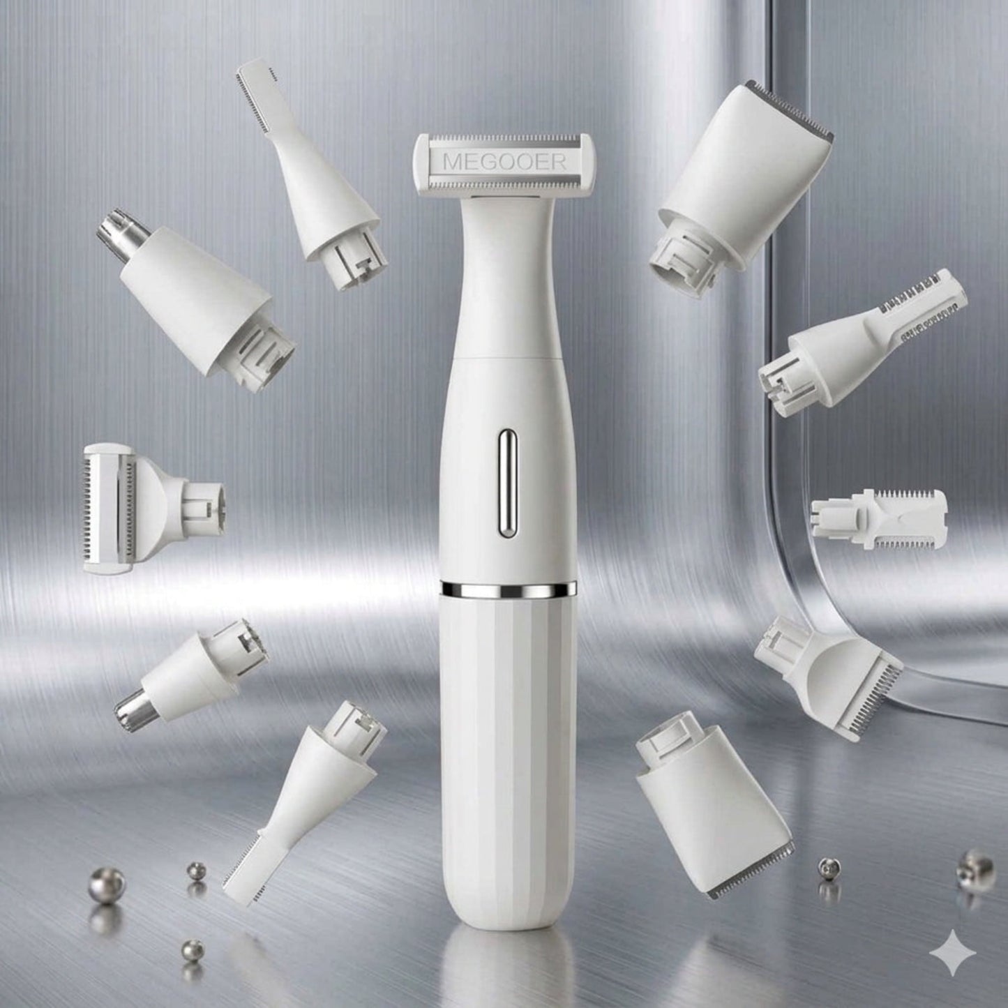 A white personal grooming trimmer with multiple interchangeable heads floating around it on a metallic silver studio background. The trimmer has a vertical power button and a silver band near the base, and the brand name 'MEGGOER' is visible on the top head.