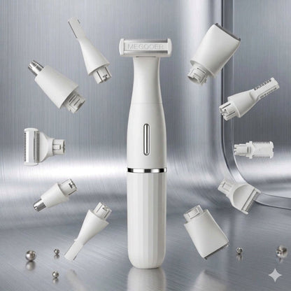 A white personal grooming trimmer with multiple interchangeable heads floating around it on a metallic silver studio background. The trimmer has a vertical power button and a silver band near the base, and the brand name 'MEGGOER' is visible on the top head.