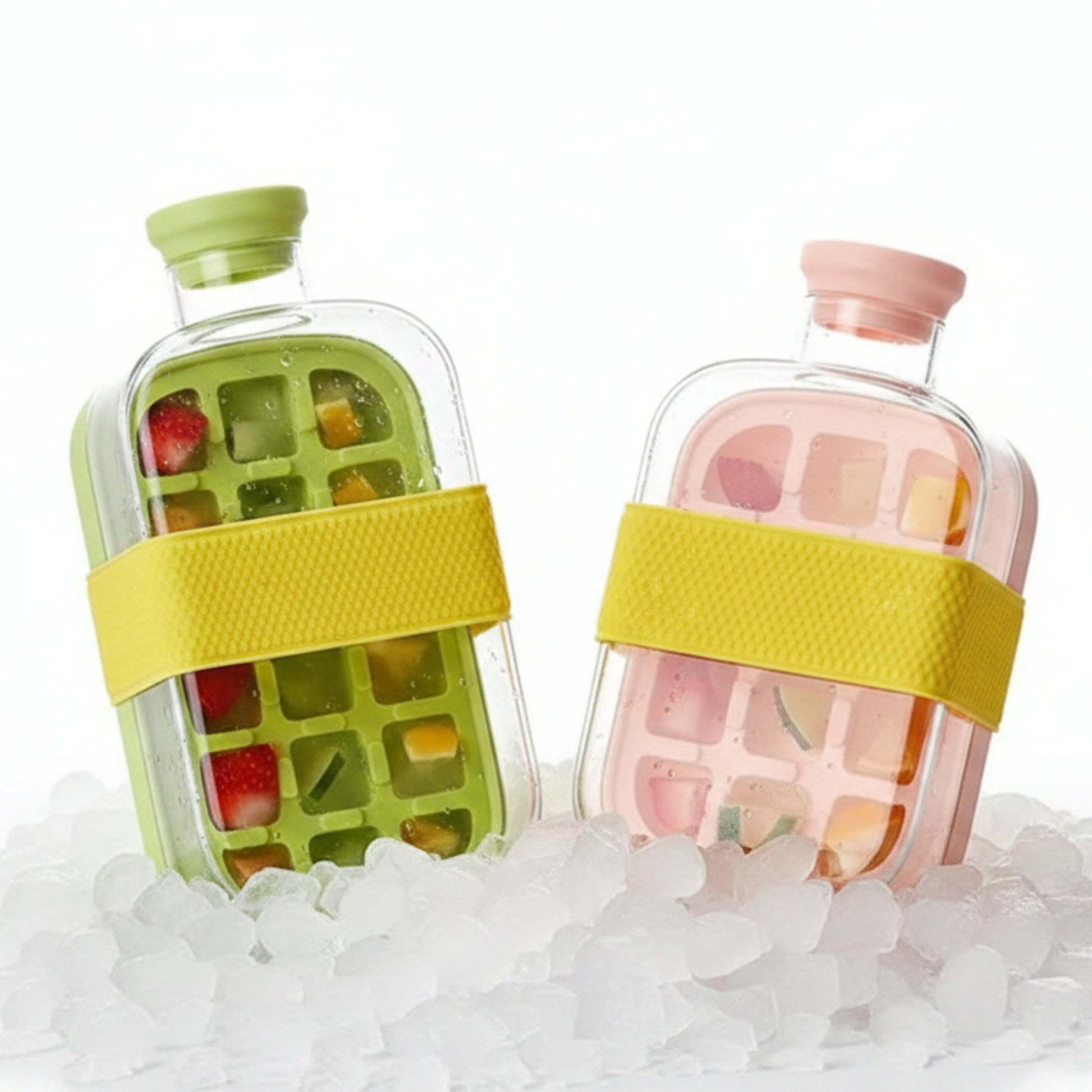 Two clear glass ice cube trays with lids and colorful silicone sleeves are shown in an outdoor setting. One tray is green with a yellow sleeve and sits in a brown cooler filled with ice; the other tray is pink with a yellow sleeve and is being held by a hand.