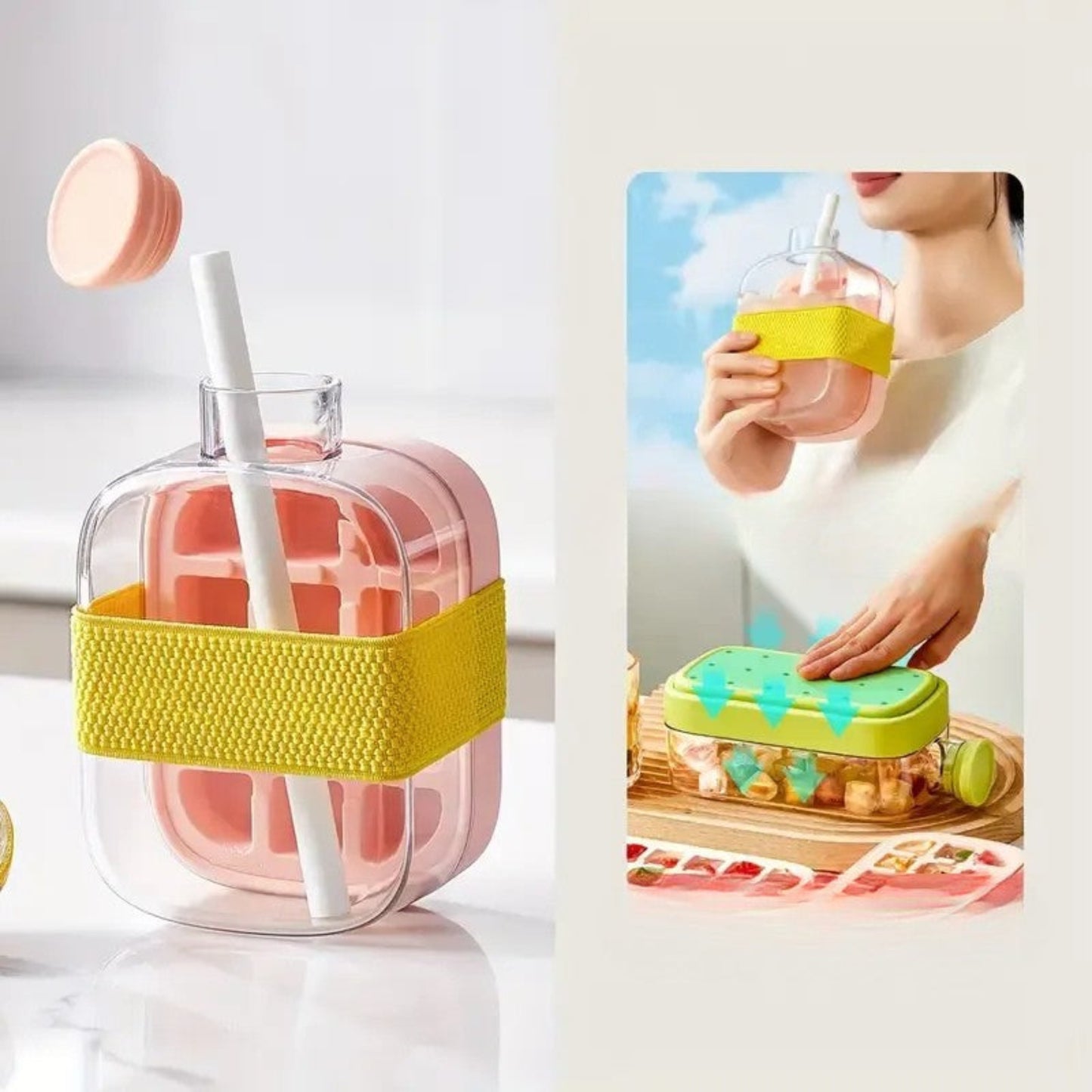 A clear glass iced tea mug with a pink lid, yellow textured silicone sleeve, and white straw, shown alongside an inset photo of a woman holding and using the mug.