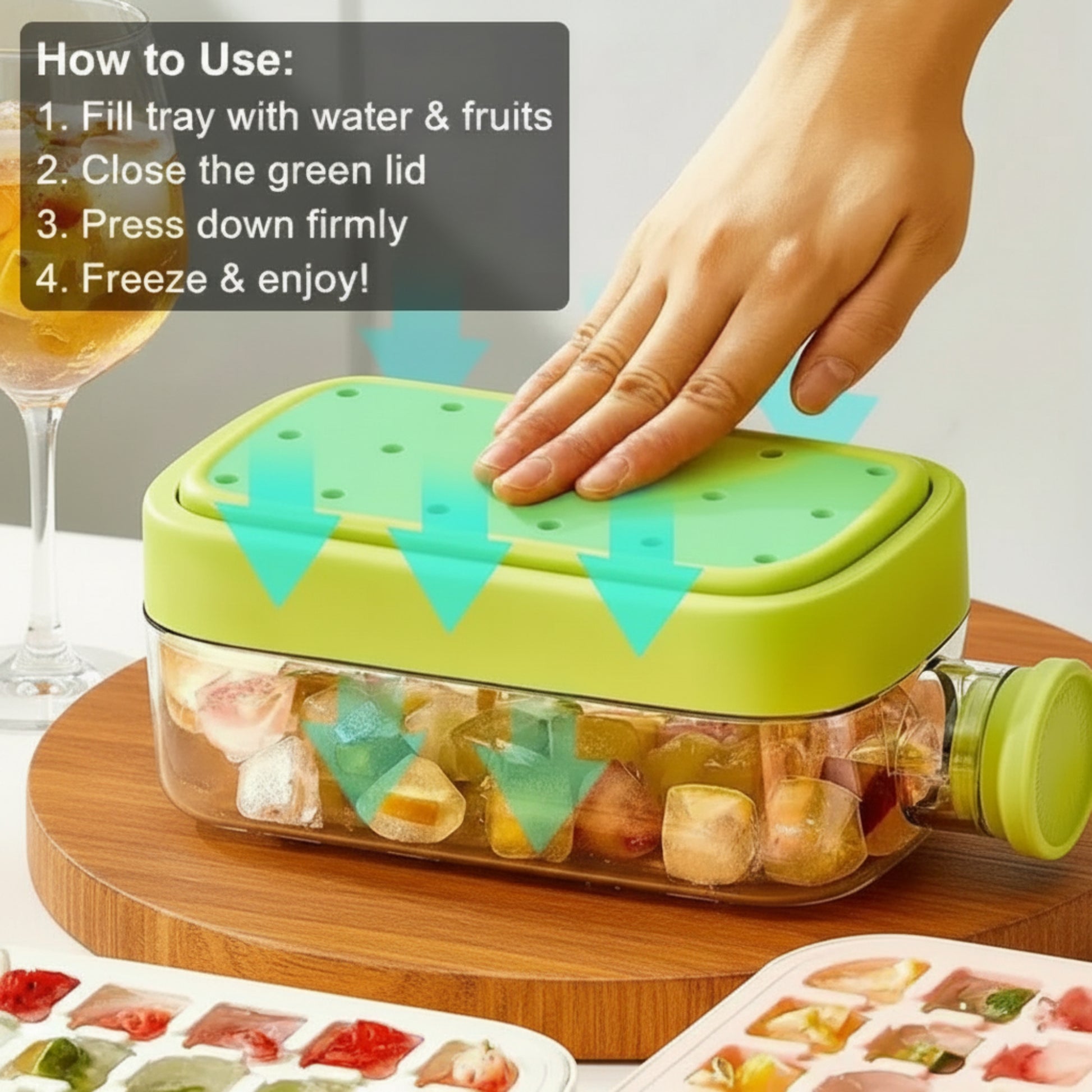Green lid being pressed onto a container filled with colorful gummy bears on a wooden surface.