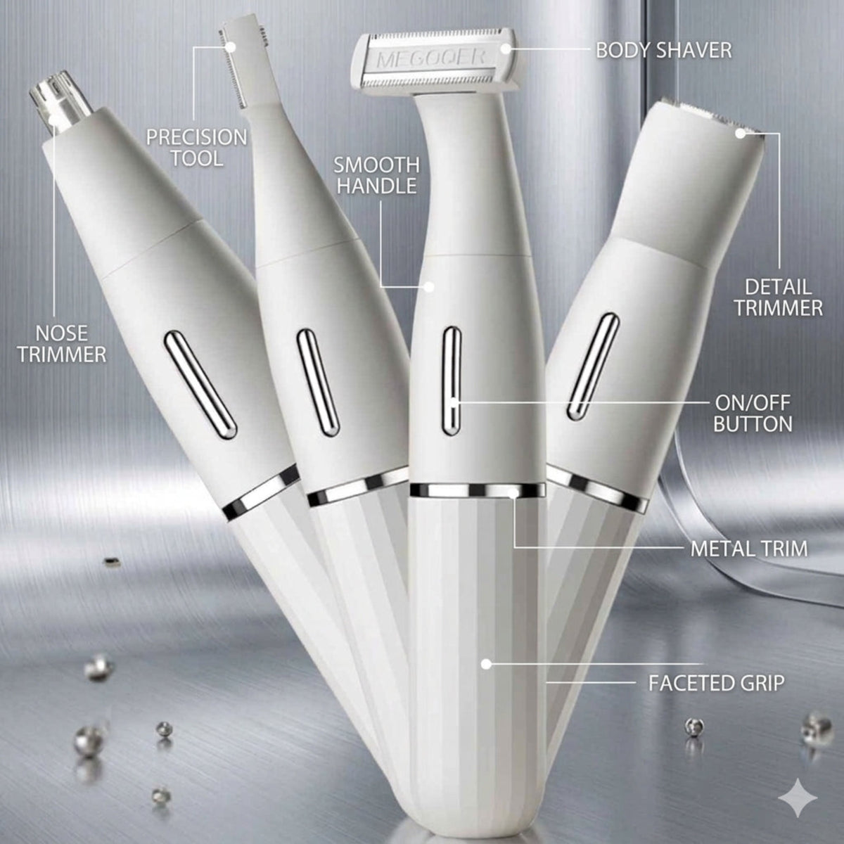 Four white electric facial grooming devices arranged in a fan shape on a metallic silver background, with labeled callouts pointing to features such as nose trimmer, precision tool, smooth handle, body shaver, detail trimmer, on/off button, metal trim, and faceted grip.