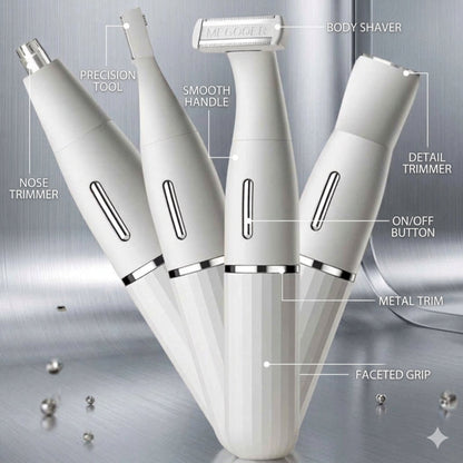 Four white electric facial grooming devices arranged in a fan shape on a metallic silver background, with labeled callouts pointing to features such as nose trimmer, precision tool, smooth handle, body shaver, detail trimmer, on/off button, metal trim, and faceted grip.