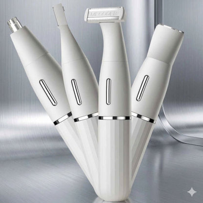 Four white electric grooming devices with silver metallic accents and various attachments, arranged in a fan shape on a brushed metal surface. The brand name 'MEICOOT' is visible on the central device's handle.